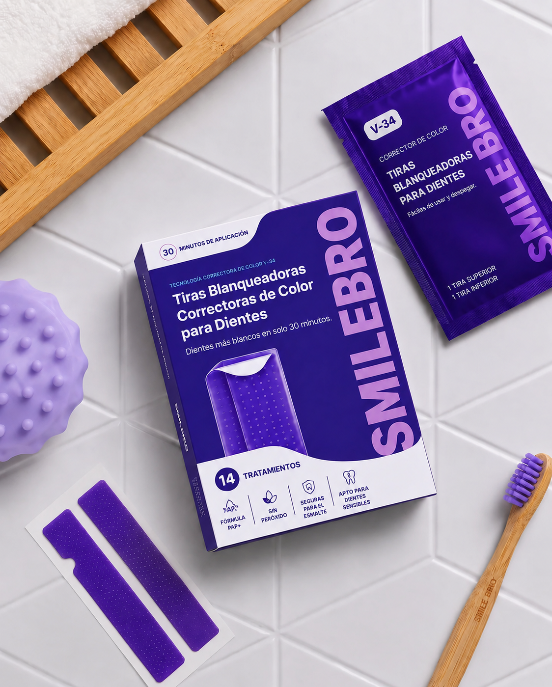 SMILEBRO Tiras Blanqueadoras V-34 con PAP+ — 14 Tratamientos